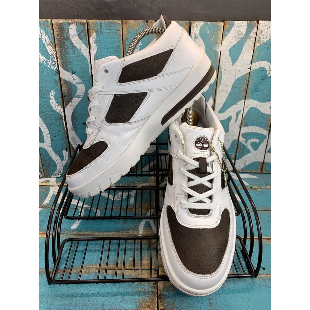 Rare Timberland White/Brown Lace Up Embossed Leather Mens 10.5M Casual Sneakers - Picture 4 of 9
